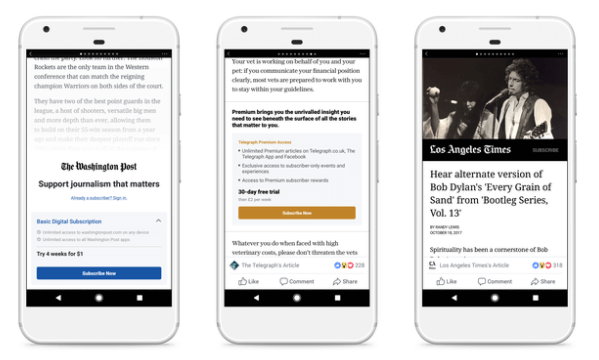 Το Facebook δοκιμάζει μοντέλα paywall και συνδρομών για Instant Άρθρα με μια μικρή ομάδα εκδοτών σε όλες τις ΗΠΑ και την Ευρώπη.