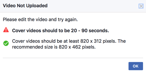 Εάν το εξώφυλλο δεν πληροί ήδη τα τεχνικά πρότυπα του Facebook, δεν θα μπορείτε να το ανεβάσετε απευθείας ως βίντεο εξωφύλλου της σελίδας σας.