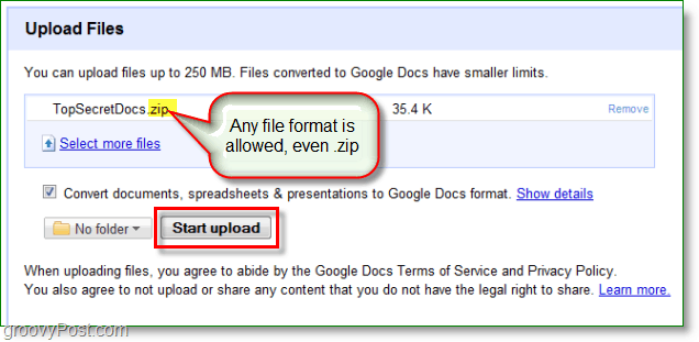Το στιγμιότυπο οθόνης των Εγγράφων Google - ανέβασε ένα φερμουάρ