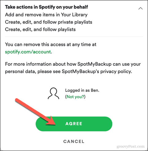 Έγκριση πρόσβασης SpotMyBackup στο Spotify