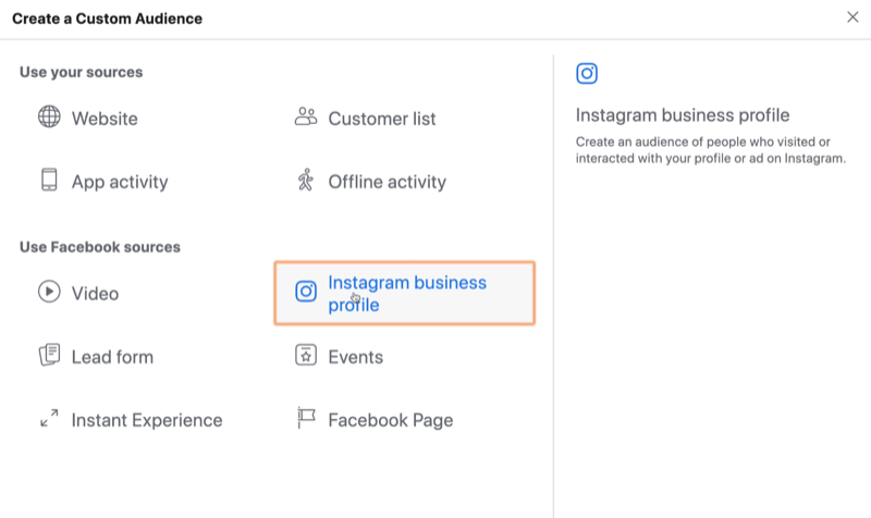επιλέξτε το Instagram Business ως πηγή για το προσαρμοσμένο κοινό του Facebook