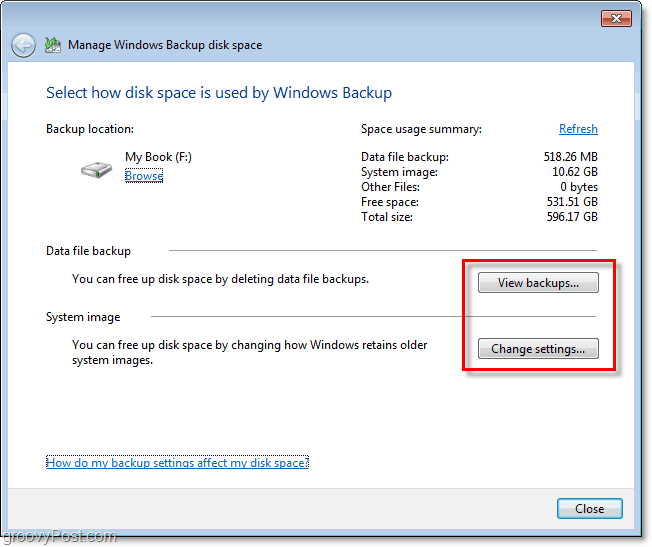 Windows 7 Backup - προβάλετε το αντίγραφο ασφαλείας ή αλλάξτε τις ρυθμίσεις για να προσαρμόσετε το μέγεθος