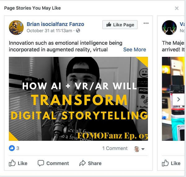 Το Facebook προτείνει "Ιστορίες σελίδων που μπορεί να σας αρέσουν" μεταξύ δημοσιεύσεων στη ροή ειδήσεων.