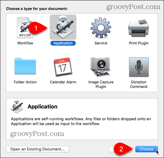 Επιλέξτε Τύπος εφαρμογής στο Automator για Mac