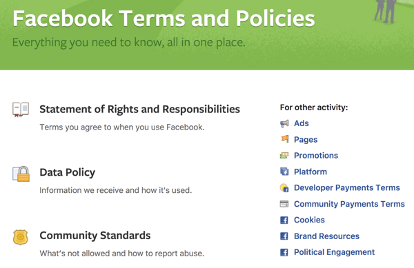 Το Facebook περιγράφει όλους τους Όρους και τις Πολιτικές που πρέπει να γνωρίζετε.