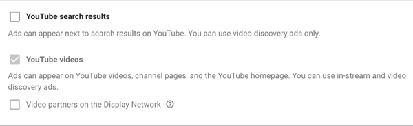 Πώς να ρυθμίσετε μια καμπάνια διαφημίσεων YouTube, βήμα 11, να ορίσετε επιλογές εμφάνισης δικτύου
