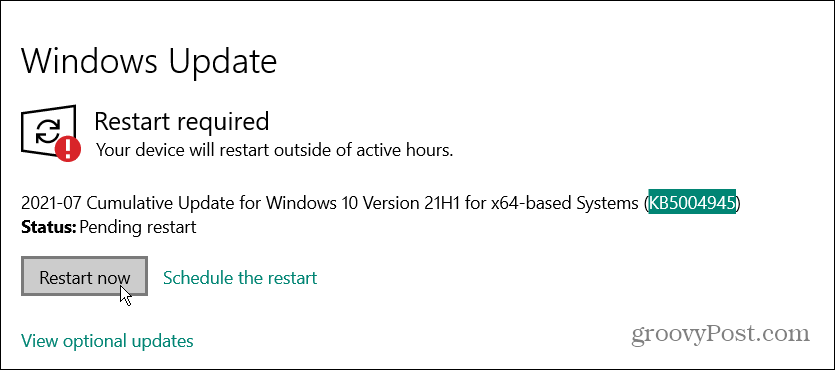 επανεκκινήστε την ενημέρωση έκτακτης ανάγκης των Windows 10