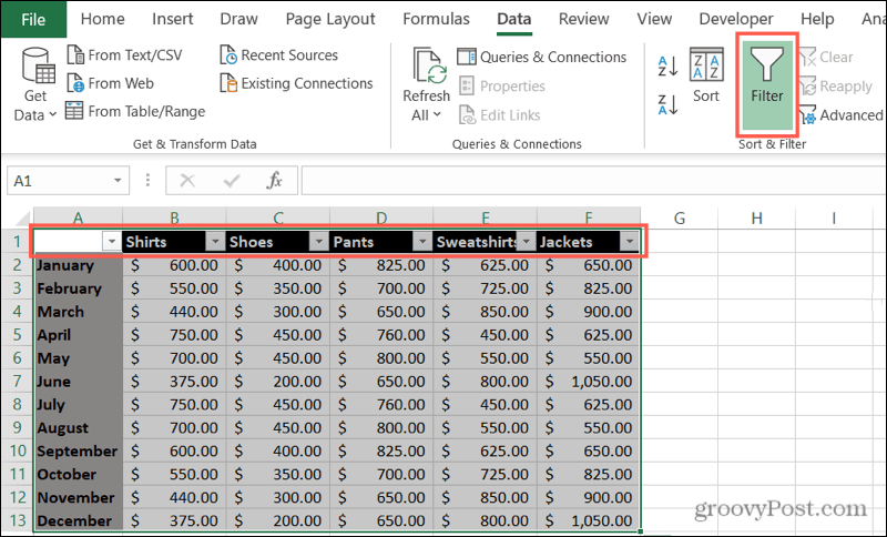 Ενεργοποίηση φίλτρων στο Excel