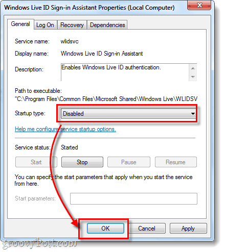 Απενεργοποιημένος τύπος εκκίνησης του Windows Live ID Sign in Βοηθός
