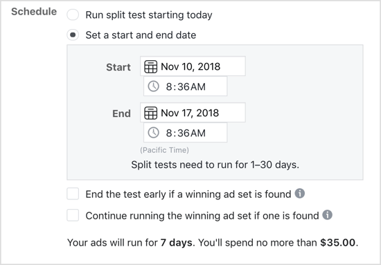 Ορίστε την επιλογή Ορισμός ημερομηνίας έναρξης και λήξης για τη δοκιμή split Facebook.