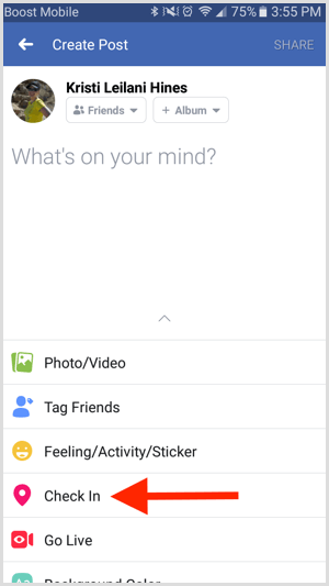 Στην εφαρμογή Facebook, δημιουργήστε μια νέα ανάρτηση και πατήστε Check In.