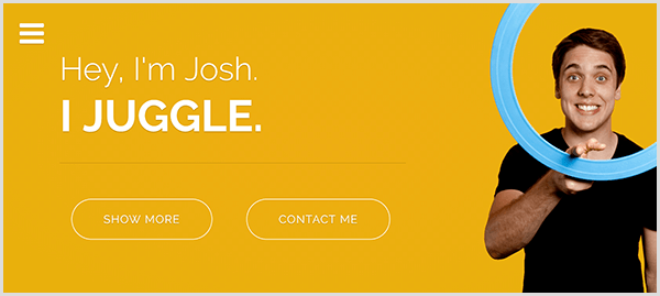 Ο ιστότοπος του Josh Horton για ταχυδακτυλουργίες έχει κίτρινο φόντο, μια φωτογραφία του Josh που χαμογελά και στριφογυρίζει ένα γαλάζιο δακτύλιο ταχυδακτυλουργίας γύρω από το δείκτη του και λευκό κείμενο που λέει "Hey I