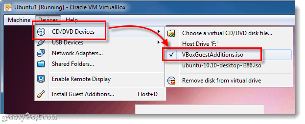 ubuntu dvd συσκευή cd επιλέξτε vboxguestadditions.iso