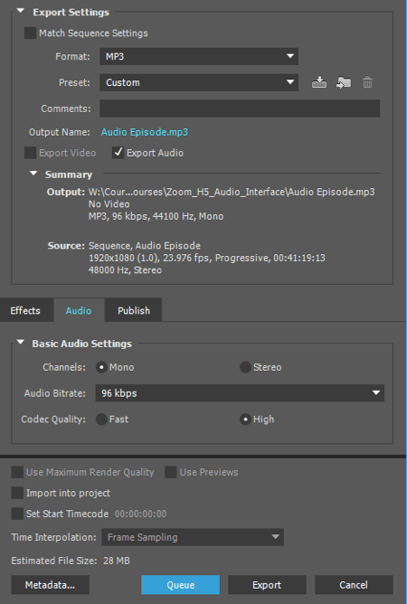 Εξαγάγετε τον ήχο σας ως αρχείο MP3 στο Adobe Premiere.