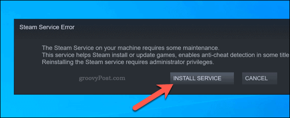 Επιλογή υπηρεσίας επανεγκατάστασης σφάλματος υπηρεσίας Steam