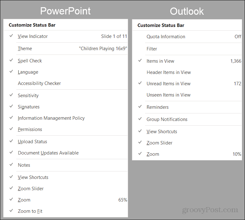 Επιλογές γραμμής κατάστασης PowerPoint και Outlook