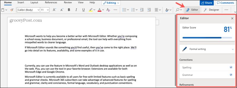 Microsoft Editor στο Word στον Ιστό