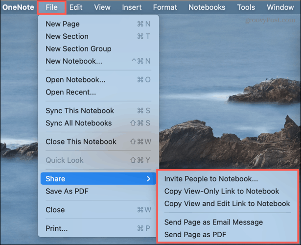 Κοινή χρήση επιλογών στο OneNote σε Mac