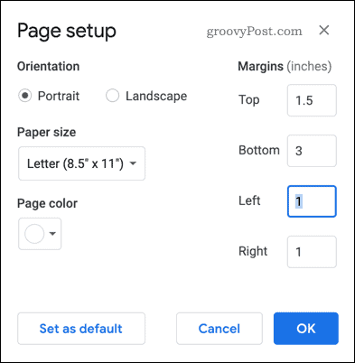 Ρύθμιση σελίδας στα Έγγραφα Google
