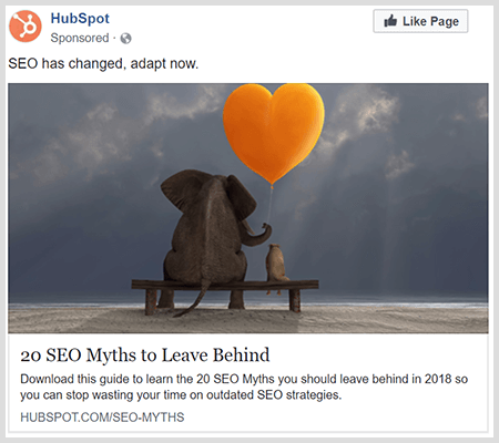 Οι διαφημίσεις επωνυμίας μοιράζονται χρήσιμο περιεχόμενο όπως αυτή η διαφήμιση HubSpot για περίπου 20 μύθους SEO που πρέπει να αφήσετε.