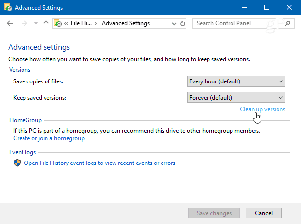 Εκκαθάριση εκδόσεων Ιστορικό αρχείων των Windows 10