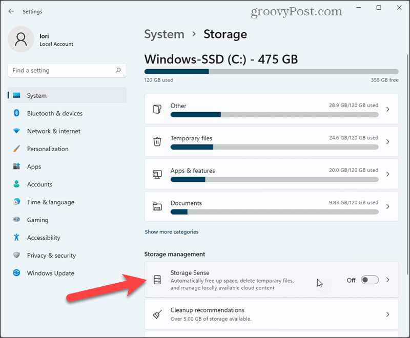 Κάντε κλικ στο Storage Sense στις Ρυθμίσεις των Windows 11