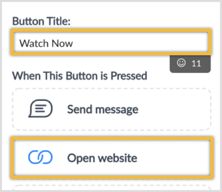 Πληκτρολογήστε έναν τίτλο κουμπιού και επιλέξτε την επιλογή Άνοιγμα ιστότοπου.