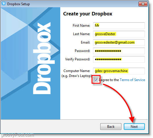 Dropbox screenshot - εισάγετε τα στοιχεία του λογαριασμού σας