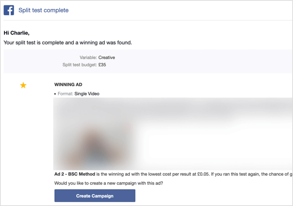 Λαμβάνετε ένα μήνυμα ηλεκτρονικού ταχυδρομείου μετά την ολοκλήρωση της δοκιμής split Facebook.
