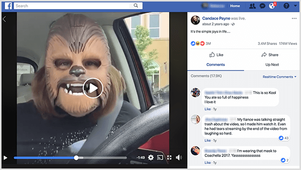 Η Candace Payne κυκλοφόρησε ζωντανά στο Facebook με μια μάσκα Chewbacca από το πάρκινγκ του Kohl. Τη στιγμή που τραβήχτηκε αυτό το στιγμιότυπο οθόνης, το βίντεό της είχε 3,4 εκατομμύρια μετοχές και 174 εκατομμύρια προβολές.
