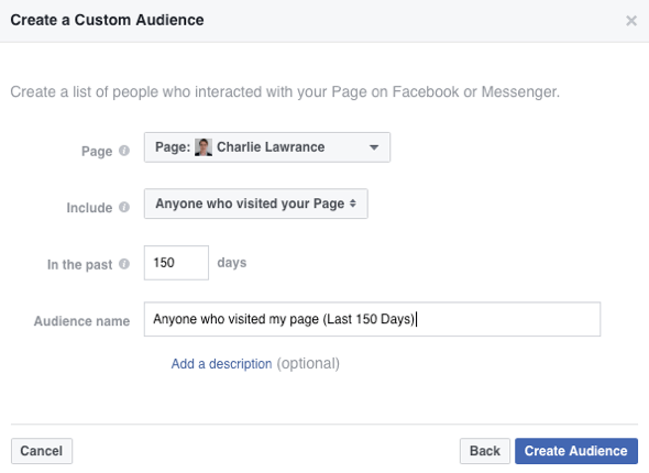 Για να δημιουργήσετε το προσαρμοσμένο κοινό σας στο Facebook, επιλέξτε Όποιος επισκέφτηκε τη σελίδα σας από την αναπτυσσόμενη λίστα Συμπερίληψη.