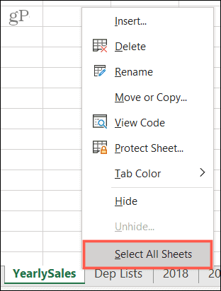 Επιλέξτε Όλα τα φύλλα στο Excel