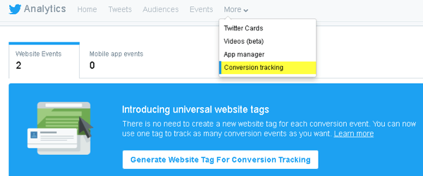 Το Twitter σάς επιτρέπει να προσθέσετε κώδικα στον ιστότοπό σας για παρακολούθηση μετατροπών και να δημιουργήσετε προσαρμοσμένα είδη κοινού.
