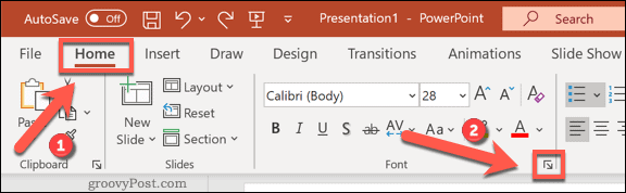 Πρόσβαση στο μενού επιλογών γραμματοσειρών στο PowerPoint στα Windows