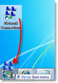 σύρετε τη συντόμευση από την επιφάνεια εργασίας στο μενού έναρξης για συνδέσεις δικτύου στα Windows 7 εύκολη πρόσβαση