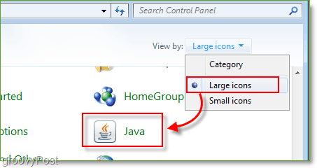 Στιγμιότυπο οθόνης: Πίνακας ελέγχου των Windows 7 Εκκίνηση Java