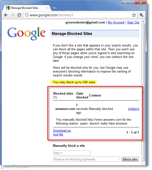 λίστα των αποκλεισμένων ιστότοπων του Google