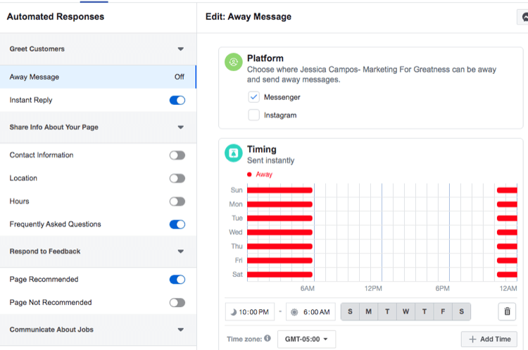 στιγμιότυπο οθόνης των ρυθμίσεων χρονισμού για αυτόματη απάντηση μηνυμάτων στο Facebook Messenger