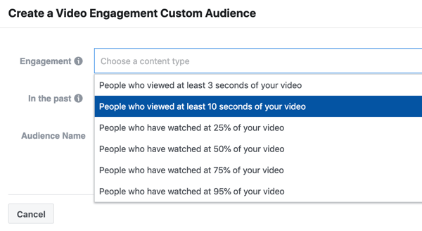 Πώς να προωθήσετε τη ζωντανή σας εκδήλωση στο Facebook, βήμα 9, να δημιουργήσετε μια καμπάνια αφοσίωσης βίντεο ατόμων που παρακολούθησαν τουλάχιστον 10 δευτερόλεπτα του βίντεό σας