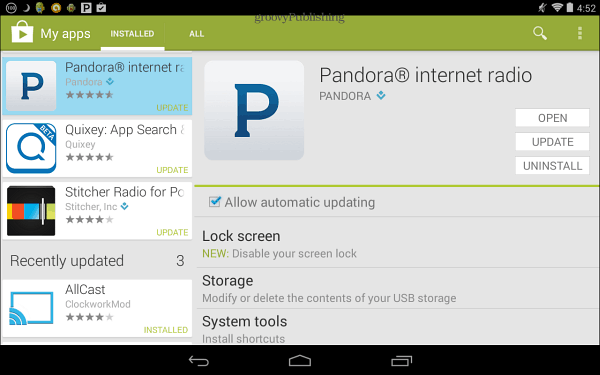 Pandora Ενημέρωση του Google Play Store