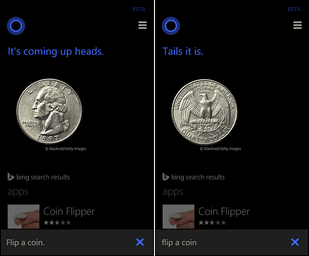 Cortana Flip ένα νόμισμα