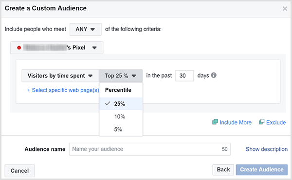Το πλαίσιο διαλόγου "Δημιουργία προσαρμοσμένου κοινού" στο Facebook έχει επιλογές για τη στόχευση διαφημίσεων στους πελάτες που πέρασαν τον περισσότερο χρόνο στον ιστότοπό σας.