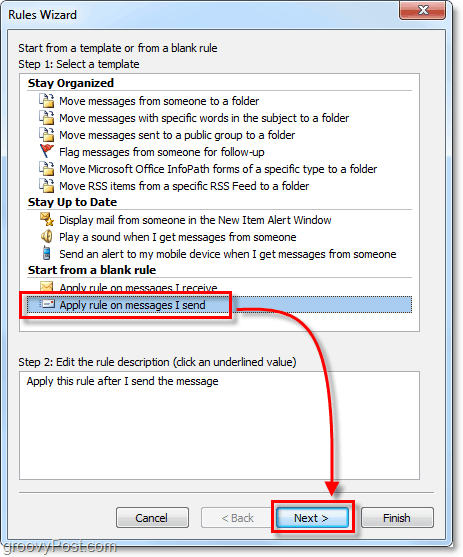 εφαρμόστε τον κανόνα στα μηνύματα που στέλνω στο Outlook 2010
