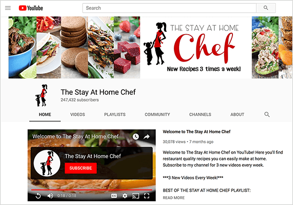 Αυτό είναι ένα στιγμιότυπο οθόνης του καναλιού The Stay At Home Chef YouTube. Η εικόνα εξωφύλλου εμφανίζει περικομμένες φωτογραφίες πολλών πιάτων φαγητού και μια σιλουέτα μιας γυναίκας που περπατά και κρατά το χέρι ενός μικρού παιδιού. Δίπλα στη σιλουέτα υπάρχει το όνομα του καναλιού YouTube και το κείμενο "Νέες συνταγές 3 φορές την εβδομάδα!" Το κανάλι έχει 247.432 συνδρομητές. Επιλέγεται η καρτέλα Αρχική σελίδα, όπου εμφανίζεται ένα βίντεο καλωσορίσματος στα αριστερά και ένα μήνυμα καλωσορίσματος εμφανίζεται στα δεξιά. Η Rachel Farnsworth λέει ότι το YouTube έχει υψηλότερα ποσοστά διατήρησης θεατών σε σύγκριση με το YouTube.