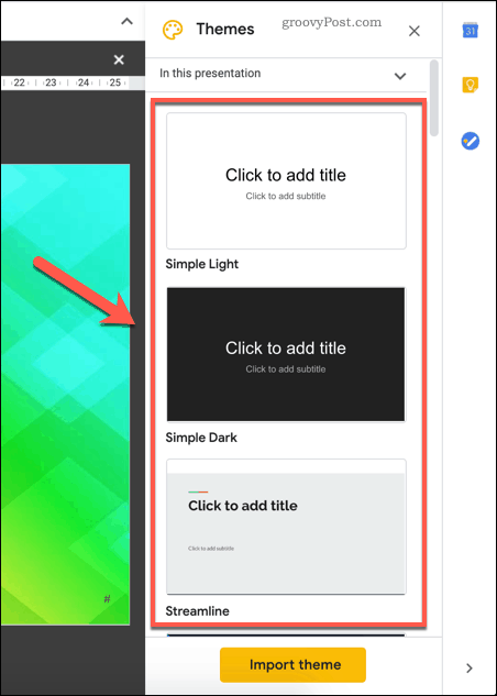 Επιλογή υπάρχοντος θέματος προτύπου Παρουσιάσεων Google
