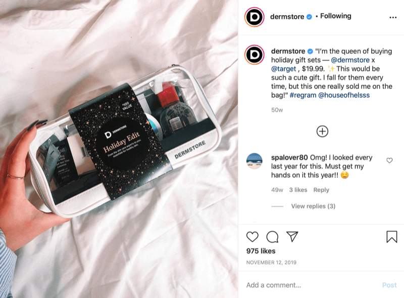 παράδειγμα εποχιακού δώρου @dermstore που βρέθηκε και κοινοποιήθηκε μέσω του Instagram instagram, σημειώνοντας την τιμή πώλησης και την επισήμανση @target όπου πραγματοποιείται η πώληση
