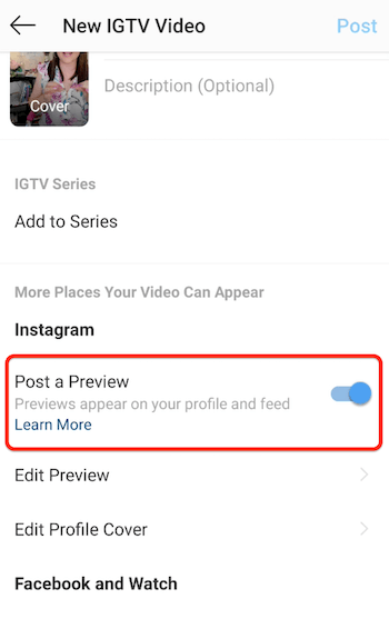 instagram igtv νέες επιλογές μενού βίντεο με ενεργοποιημένη την επιλογή προεπισκόπησης