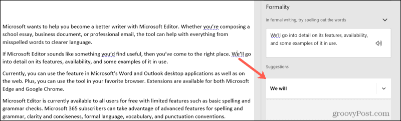 Πρόταση του Microsoft Editor