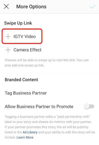 Επιλογές μενού instagram για να προσθέσετε έναν σύνδεσμο προς τα πάνω με επισημασμένη την επιλογή βίντεο IGTV