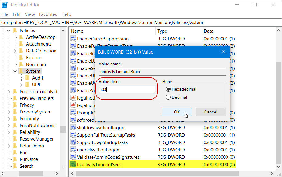 ΑδράνειαTimeoutSecs Μητρώο Windows 10 Αρχική έκδοση